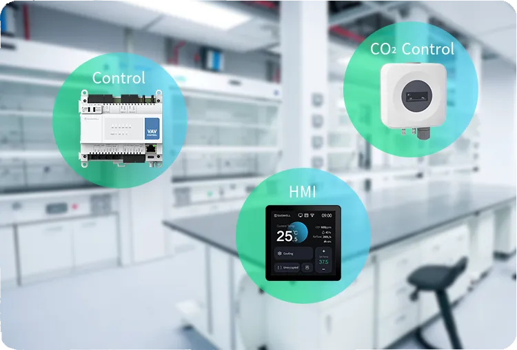 Laboratory VAV system installation example: HDC218-VAV controller with pressure sensor and damper actuator